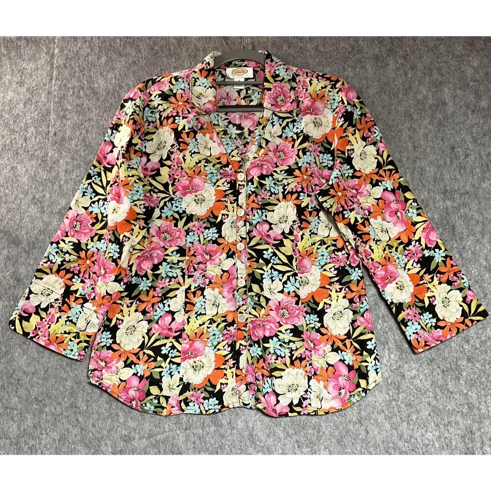 Talbots Shirt Womens 12 Multicolor Floral Linen Button Front 3/4 Sleeve Cottage